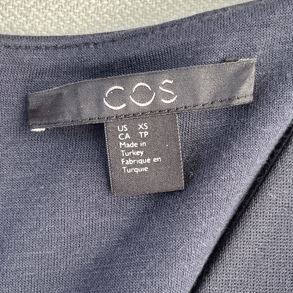 COS (XS) navy blue long-sleeve midi-dress with V-neck and zipper-back, like new. - Picture 2 of 16